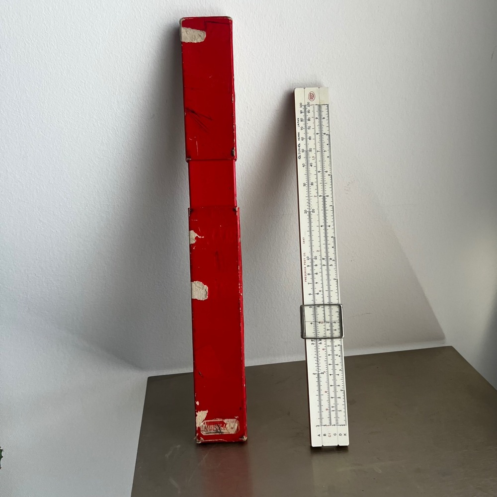 Vintage Frederick Post Co 1447 Slide Rule Sun Hemmi Japan Bamboo with Red Case